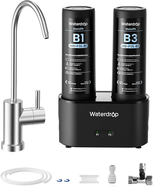 Waterdrop DLB Under Sink Water Filter, Reduces Chlorine, Chloramine, PFAS, Bad Taste, Under Sink Water Filtration System with Separate Faucet,Water Filter for Sink Faucet,Life Indicator, Quick Change