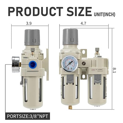 Air Compressor Filter Regulator Lubricator (FRL) Unit,Air Pressure Regulator with Pressure Gauge(0-150PSI),3/8” NPT Oil Water Separator,Semi-Auto Drain,Suitable for Pneumatic Systems