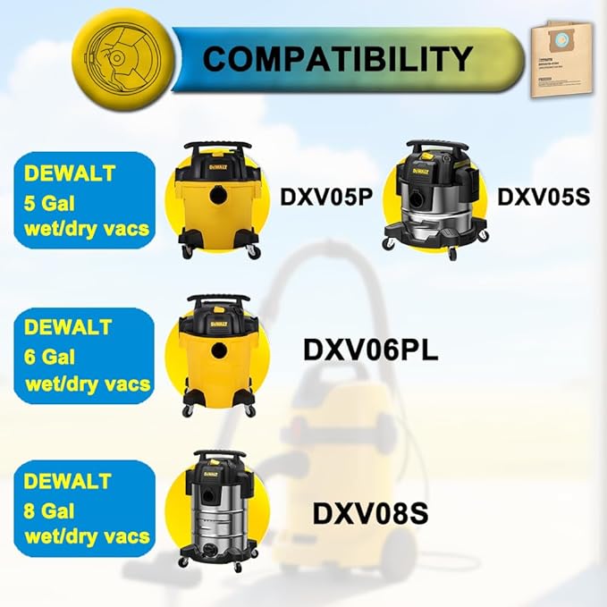 6 Pack DXVA19-4104 Shop Vac Bags for Dewalt 5-8 Gallon Wet/dry Vacuums Model# DXV08SA, Disposable Dust Collection Filter Bags