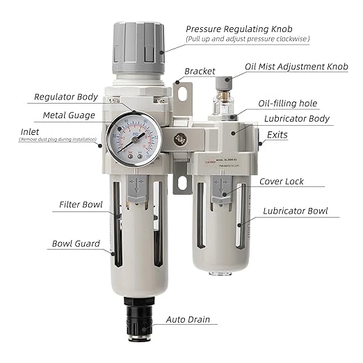 Air Pressure Regulator with Pressure Gauge(0-150PSI),Water Separator for Air Compressor Auto Drain 1/2 NPT Threaded Interface