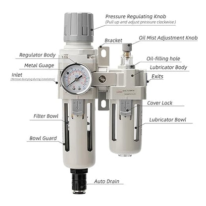 Air Pressure Regulator with Pressure Gauge(0-150PSI),Water Separator for Air Compressor Auto Drain 1/2 NPT Threaded Interface