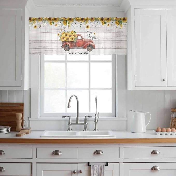 Farmhouses Sunflowers Sheer Valance Curtains, Retro Floral Leaves Red Truck Wood Grain Light Filtering Kitchen Valances Rod Pocket Voile Curtain Treatment for Bedroom/Living Room/Basement 60Wx18L