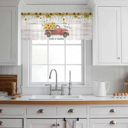 Farmhouses Sunflowers Sheer Valance Curtains, Retro Floral Leaves Red Truck Wood Grain Light Filtering Kitchen Valances Rod Pocket Voile Curtain Treatment for Bedroom/Living Room/Basement 60Wx18L