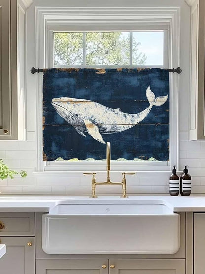Sheer Curtains 45 Inch Length, Ocean Whale Blue Semi Sheer Curtains Light Filtering Window Treatment, Coastal Vintage Wooden Grain Privacy Voile Drapes for Living Room Bedroom 52x45 Inch