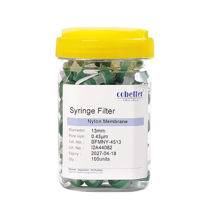 100 Pack Syringe Filter Nylon Lab Filters 0.45μm Pore Size 13mm Diameter Hydrophilic Filtration Non-sterile Green