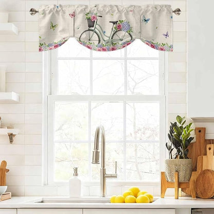 Farmhouse Spring Tie Up Valance Curtains for Windows, Kitchen Curtains Window Shades, Retro Bicycles Flowers Vines Butterfly Light Filtering Roman Curtain Valances for Bedroom/Bathroom/Cafe 42"x18"