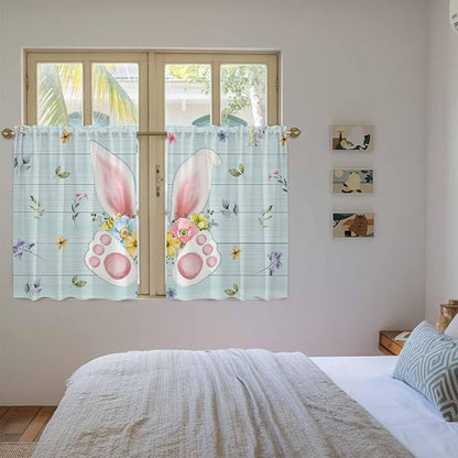 Easter Kitchen Curtains 45 Inch Long 2 Panel Set, Rod Pocket Window Treatment, Spring Rabbits Ears Feet Flowers Wooden Grain Light Filtering Short Curtains & Drapes for Bathroom Laundry 52"W x 45"L