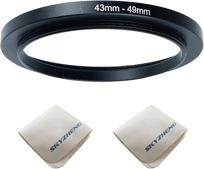 43mm Lens to 49mm Camera Lens Adapter 43mm to 49mm Step Up Ring Adapter Ring for All Brands of UV ND CPL, with Premium Lens Wiping Cloth 2 Pack (43mm-49mm)