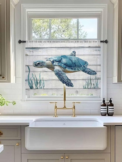 Sheer Curtains 54 Inch Length, Sea Turtle Blue Semi Sheer Curtains Light Filtering Window Treatment, Coastal Ocean Seaweed Wood Grain Privacy Voile Drapes for Living Room Bedroom 52x54 Inch