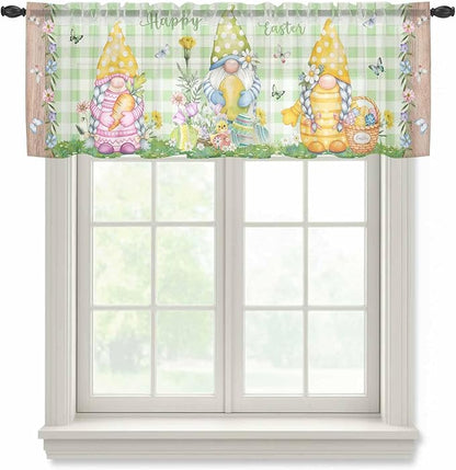 Easter Sheer Valances for Windows 54"x18", Light Filtering Kitchen Curtains Valance, Gnomes Flowers Duck Eggs Green Lattice Wooden Rod Pocket Chiffon Curtains for Living Room Bedroom Cafe