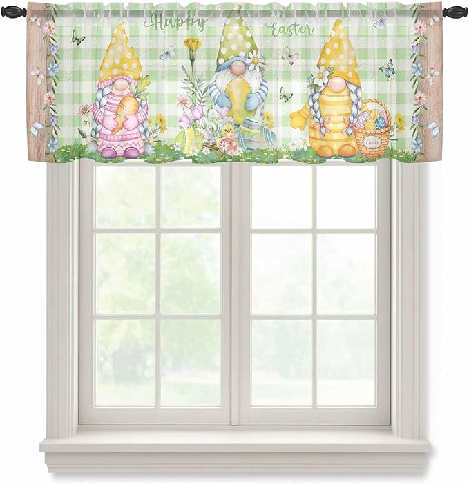 Easter Sheer Valances for Windows 60"x18", Light Filtering Kitchen Curtains Valance, Gnomes Flowers Duck Eggs Green Lattice Wooden Rod Pocket Chiffon Curtains for Living Room Bedroom Cafe