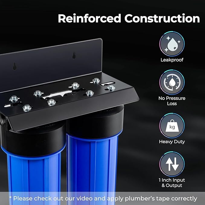 iSpring WGB22B-KS+AHPF12MNPT16X2 2-Stage Whole House Water Filter System w/ 3/4'' Push-Fit Stainless Steel Hose Connectors, Reduces Sediment, Heavy Metals, Chlorine, Chloramine, Hydrogen Sulfide