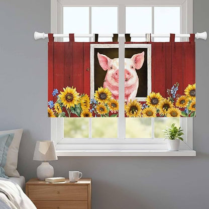 Pigs Sunflowers Kitchen Curtains 36 Inch Length, Small Window Curtains Tab Top, Farmhouse Red Barn Flowers Animals Light Filtering Short Window Treatments Tier Drapes 27.5"x36" 2 Panel