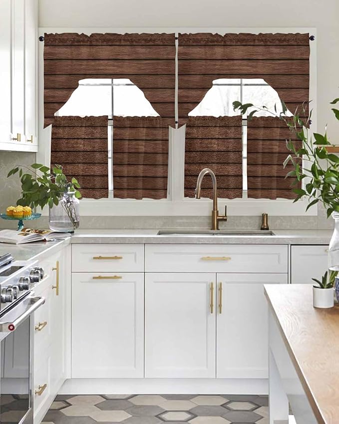 Brown Wooden Board Swag Kitchen Curtains Valance and Tier Set, Vintage Wood Grain Farmhouse Barn Themes Light-Filtering Swag Valance 36 Inch Length, Rod Pocket Short Curtain for Bedroom Cafe