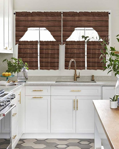 Brown Wooden Board Swag Kitchen Curtains Valance and Tier Set, Vintage Wood Grain Farmhouse Barn Themes Light-Filtering Swag Valance 36 Inch Length, Rod Pocket Short Curtain for Bedroom Cafe