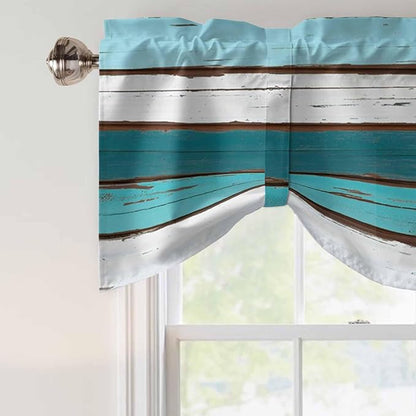 Turquoise Teal Tie Up Valance Curtains for Windows, Kitchen Curtains Window Shades, Farmhouse Retro Ombre Wooden Grain Light Filtering Roman Curtain Valances for Bedroom/Bathroom/Cafe 60"x18"