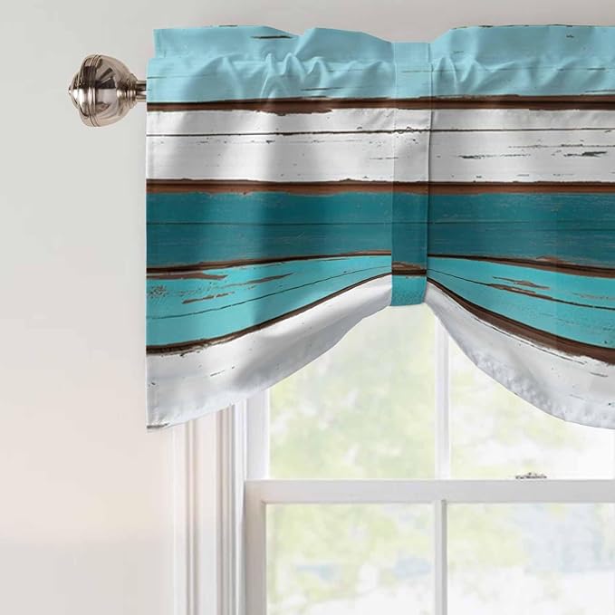 Turquoise Teal Tie Up Valance Curtains for Windows, Kitchen Curtains Window Shades, Farmhouse Retro Ombre Wooden Grain Light Filtering Roman Curtain Valances for Bedroom/Bathroom/Cafe 54"x18"