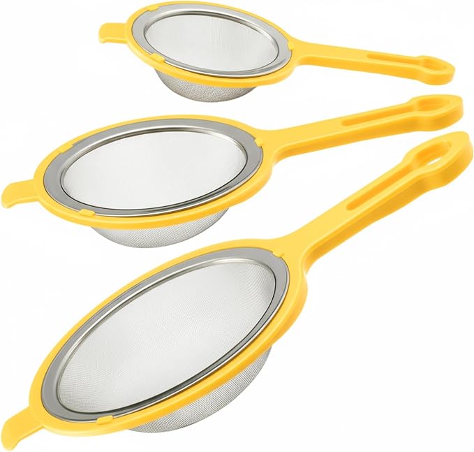 LemonRoad Set of 3 Stainless Steel Mesh Strainer 304 Fine Mesh Filters with Ergonomic Handles and Hanging Ears for Oil Filter Skimming Grease and Foam (Yellow)