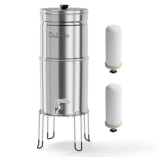 Culligan MaxClear 2.25 Gallon Gravity Water Filter System, Polished Stainless-Steel Countertop Water Filter NSF/ANSI Certified to Reduce Microplastics, Lead & Total PFAS, with 2 Ceramic Filter