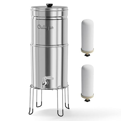 Culligan MaxClear 3 Gallon Gravity Water Filter System, Polished Stainless-Steel Countertop Water Filter NSF/ANSI Certified to Reduce Microplastics, Lead & Total PFAS, with 2 Ceramic Filters