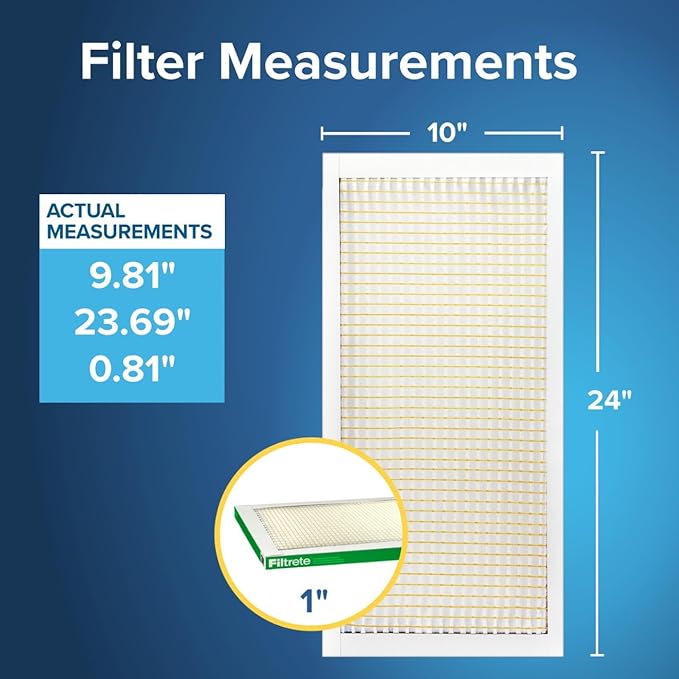 Filtrete 10x24x1 AC Furnace Air Filter, MPR 700, MERV 8, Tough on Pollen, Easy on Airflow, 3-Month Pleated 1-Inch Electrostatic Air Cleaning Filter, 4-Pack (Actual Size 9.81 x 23.69 x 0.81 in)
