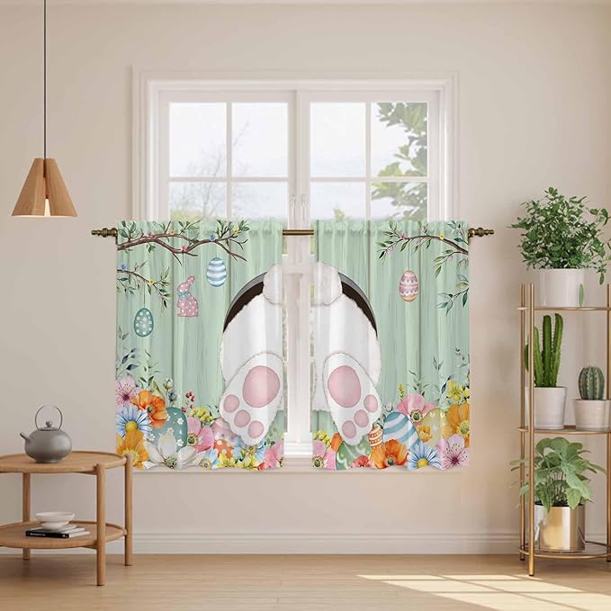 Easter Kitchen Curtains 54 Inch Long 2 Panel Set, Rod Pocket Window Curtains Panels, Spring Watercolor Bunny Eggs Wooden Grain Green Light Filtering Drapery Draperies for Bathroom Bedroom 52"W x 54"L