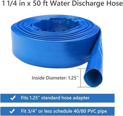 Eastrans 1-1/4'' x 50ft Blue PVC Lay-Flat Backwash Hose for Swimming Pools, Heavy Duty Discharge Hose Reinforced Pool Drain Hose, Weather Resistant Ideal for Water Transferring