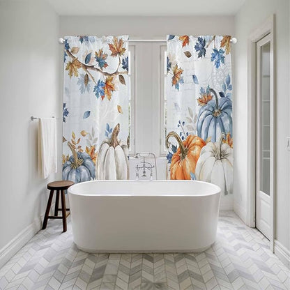 Fall Blue Maple Window Curtains 72 Inch Long 2 Panel Set,Rod Pocket Long Curtains & Drapes,Thanksgiving Pumpkins Daisy Country Leaves Window Treatment for Bedroom Living Room 52"W x 72"L