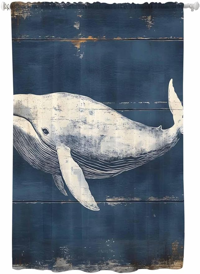 Sheer Curtains 72 Inches Long, Ocean Vintage Whale Semi Sheer Curtains Light Filtering Window Treatment, Summer Retro Wood Grain Privacy Voile Drapes for Living Room Bedroom 52x72 Inch