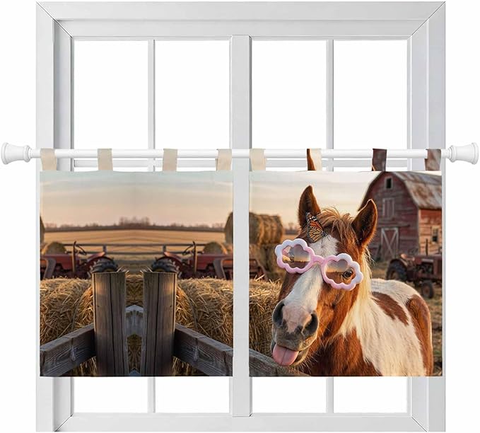 Farm Horses Kitchen Curtains 24 Inch Length, Small Window Curtains Tab Top, Farmhouse Barn Funny Animals Butterfly Light Filtering Short Window Treatments Tier Drapes 27.5"x24" 2 Panel