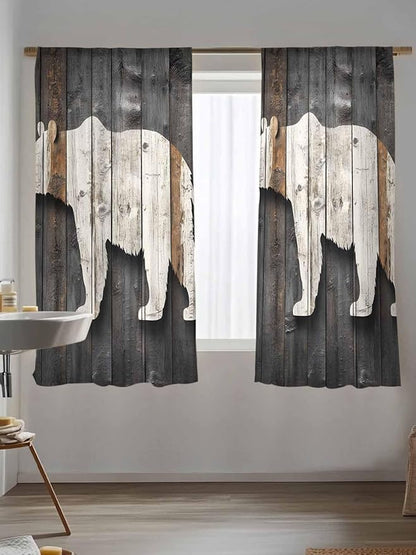 Sheer Curtains 72 Inches Long, Vintage White Brown Bear Semi Sheer Curtains Light Filtering Window Treatment, Retro Country Rustic Wood Grain Privacy Voile Drapes for Living Room Bedroom 52x72 Inch