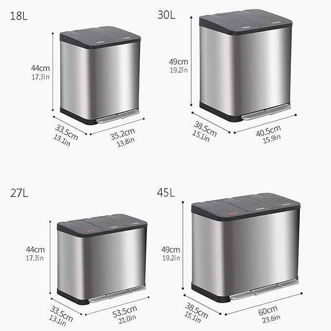 Trash Can Kitchen Large Capacity Foot-Operated Trash Can Double Three Bin Garbage Sorting Garbage Can Rectangular Trash Can with Lid, Brushed Stainless Steel Wastebasket for Office (Silver 18l)