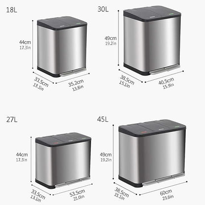 Trash Can Kitchen Large Capacity Foot-Operated Trash Can Double Three Bin Garbage Sorting Garbage Can Rectangular Trash Can with Lid, Brushed Stainless Steel Wastebasket for Office (Silver 30l)