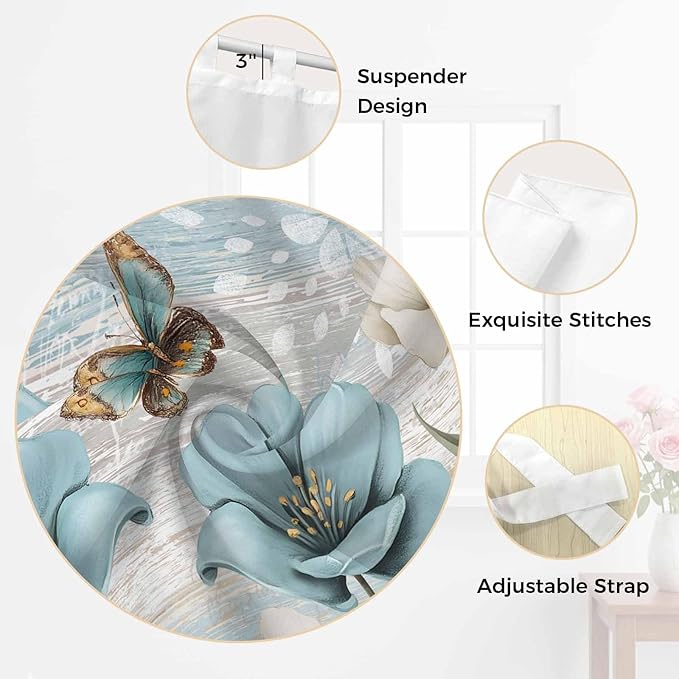 Spring Floral Bathroom Curtains 63 Inch Length, Window Curtains Tab Top, Vintage Tulips Flower Butterfly Retro Wood Blue Light Filtering Window Treatments Drapes 52"x63" 2 Panel