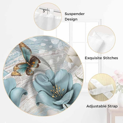 Spring Floral Bathroom Curtains 63 Inch Length, Window Curtains Tab Top, Vintage Tulips Flower Butterfly Retro Wood Blue Light Filtering Window Treatments Drapes 52"x63" 2 Panel
