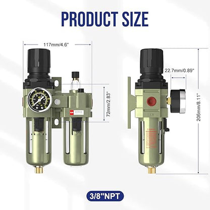 NPT 3/8" Air Regulator with Gauge,Air Compressor Water Separator with Accessories,Pneumatic Compressed Air Filter Pressure Oil Trap(AC3010-03)