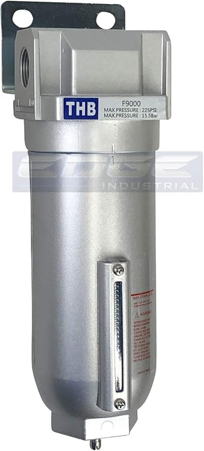 HEAVY DUTY INDUSTRIAL RATED HIGH FLOW PARTICULATE FILTER, IN-LINE WATER TRAP FOR COMPRESSED AIR LINE SYSTEMS, 5 MICRON WITH METAL BOWL (3/4" NPT, 11oz)