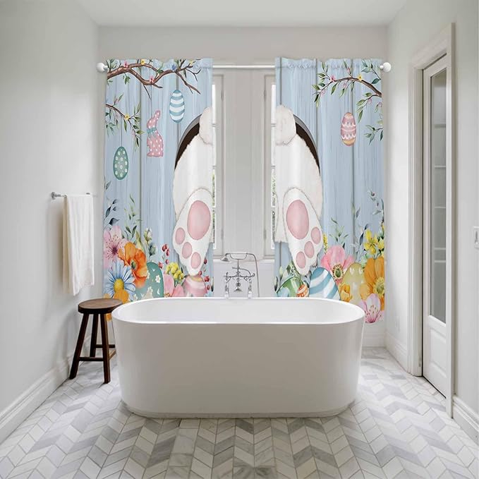 Easter Window Curtains 72 Inch Long 2 Panel Set,Rod Pocket Long Curtains & Drapes,Spring Watercolor Bunny Eggs Flower Wood Grain Blue Light Filtering Window Treatment for Bedroom 52"W x 72"L