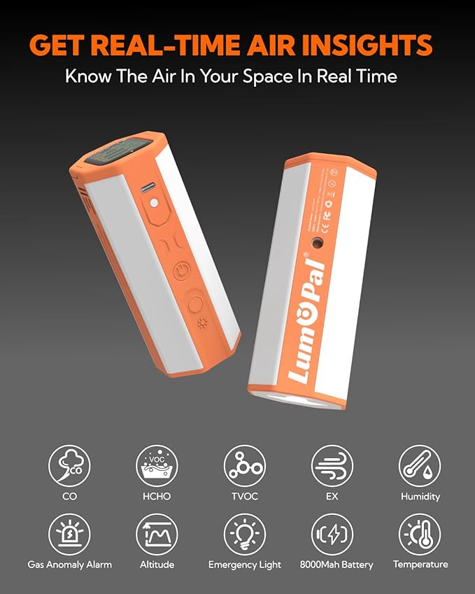 Portable Air Monitor, Lumopal Air Sensor with CO/TVOC/HCHO/EX/Humidity/Temp/Pressure Detector Indoor/Outdoor, VOC Meter CO Detector Gas Alert with 8000mah Long Lasting for Home Camping (Orange)