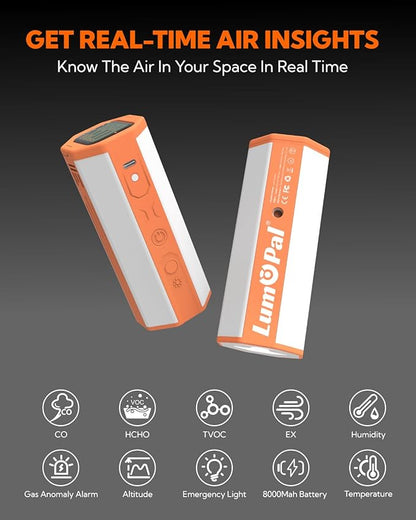 Portable Air Monitor, Lumopal Air Sensor with CO/TVOC/HCHO/EX/Humidity/Temp/Pressure Detector Indoor/Outdoor, VOC Meter CO Detector Gas Alert with 8000mah Long Lasting for Home Camping (Orange)