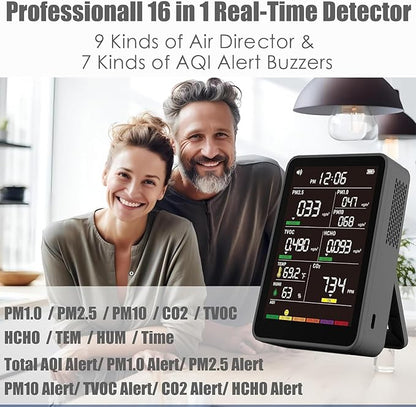 Professional Indoor Air Quality Monitor with AQI, Portable Real-Time Detector for Home Cars Plants and Pets (Black)