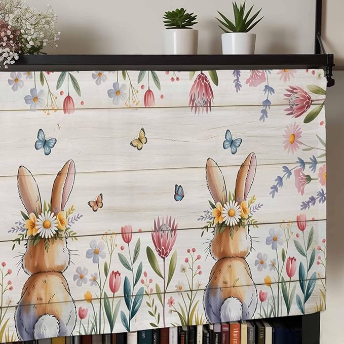 Easter Curtain Valances for Windows, Kitchen Valance Window Treatment, Spring Bunny Butterfly Botanical Wooden Grain Light Filtering Block Curtains for Bathroom/Bedroom/Living Room 54'' x 18''