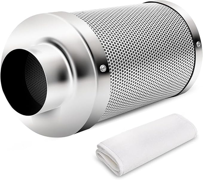 iPower 4 Inch Air Carbon Filter, with Australia Virgin Charcoal for Inline Fan, Hydroponics, Grow Tent, Prefilter Included, Reversible Flange 4" x 12", Silver