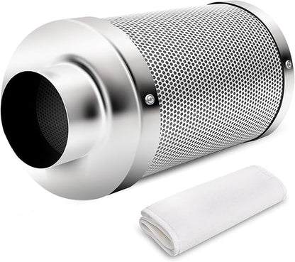 iPower 4 Inch Air Carbon Filter, with Australia Virgin Charcoal for Inline Fan, Hydroponics, Grow Tent, Prefilter Included, Reversible Flange 4" x 12", Silver