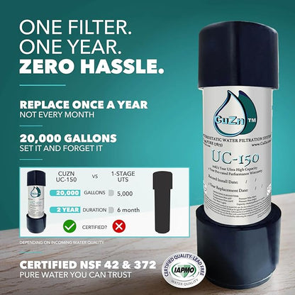 CuZn Under Sink Water Filter for Sink Faucet, 20K Gallons or 2 Year Filtration Life, Reduces PFAs, PFOS, Lead, Chlorine, Improves Taste of Tap Water, NSF/ANSI 42 & 372 Certified High Performance