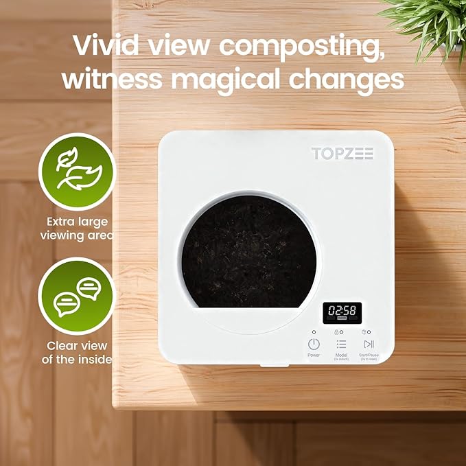 TOPZEE Electric Compost Bin for Kitchen - 3L Countertop Composter with Odorless Auto-Cleaning, Turns Food Waste to Fertilizer in 4 Hours, for Indoor Home Use, White