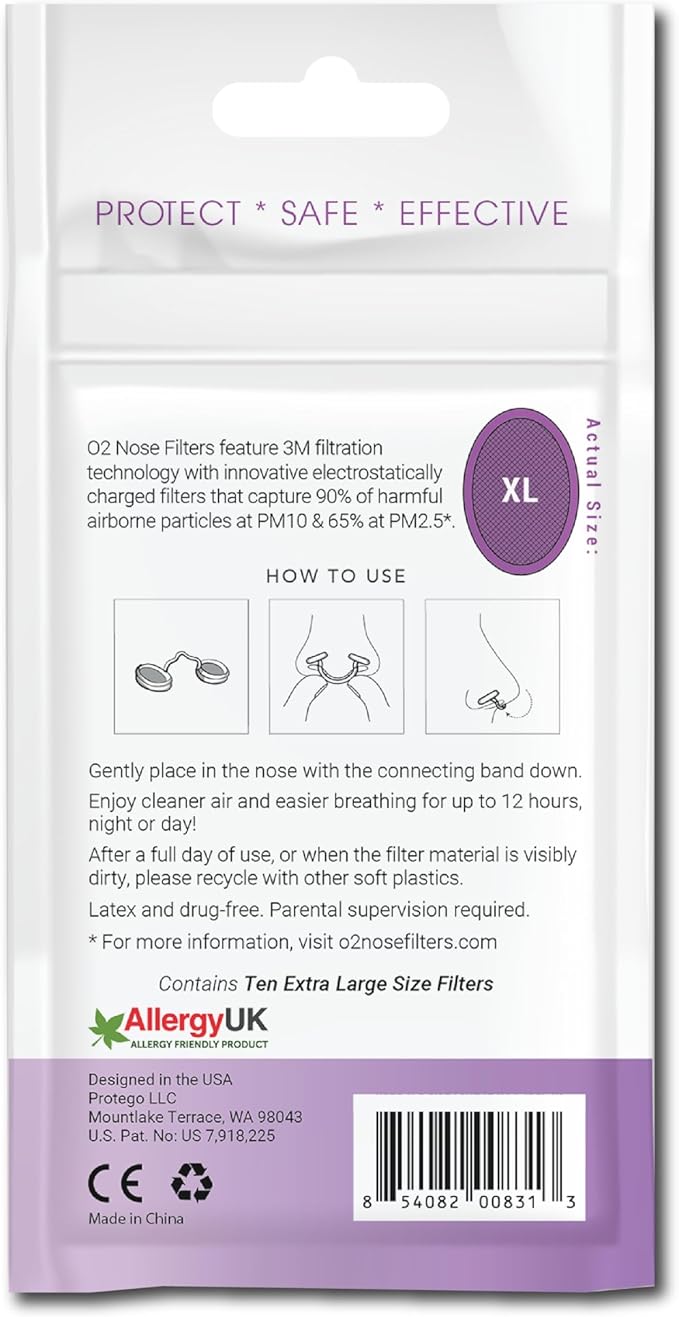 O2 Nose Filters with 3M Filtration - Nasal Screens for Allergies, Dust & Smoke - Drug-Free & Latex-Free Nose Filters - Invisible Allergy Protection (X-Large x 10)