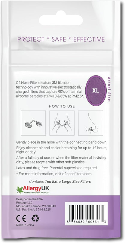 O2 Nose Filters with 3M Filtration - Nasal Screens for Allergies, Dust & Smoke - Drug-Free & Latex-Free Nose Filters - Invisible Allergy Protection (X-Large x 10)
