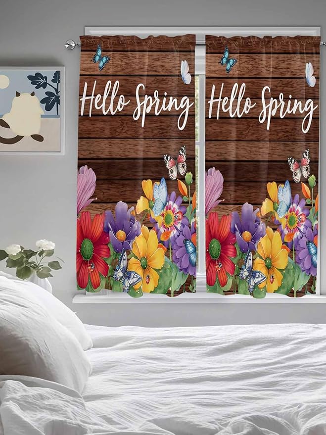 Spring Flowers Bedroom Curtains 63 Inches length, Watercolor Farmhouse Colorful Wooden Grain Window Treatment Curtain Drapes, Rod Pocket Curtain Panels for Living Room Kitchen, 42"x63", 2 Panels