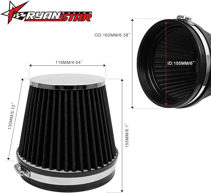 RYANSTAR 152mm 6" High Flow Round Tapered Cone Closed-Top Washable Clamp-On Dry Air Filter short 155mm tall Black